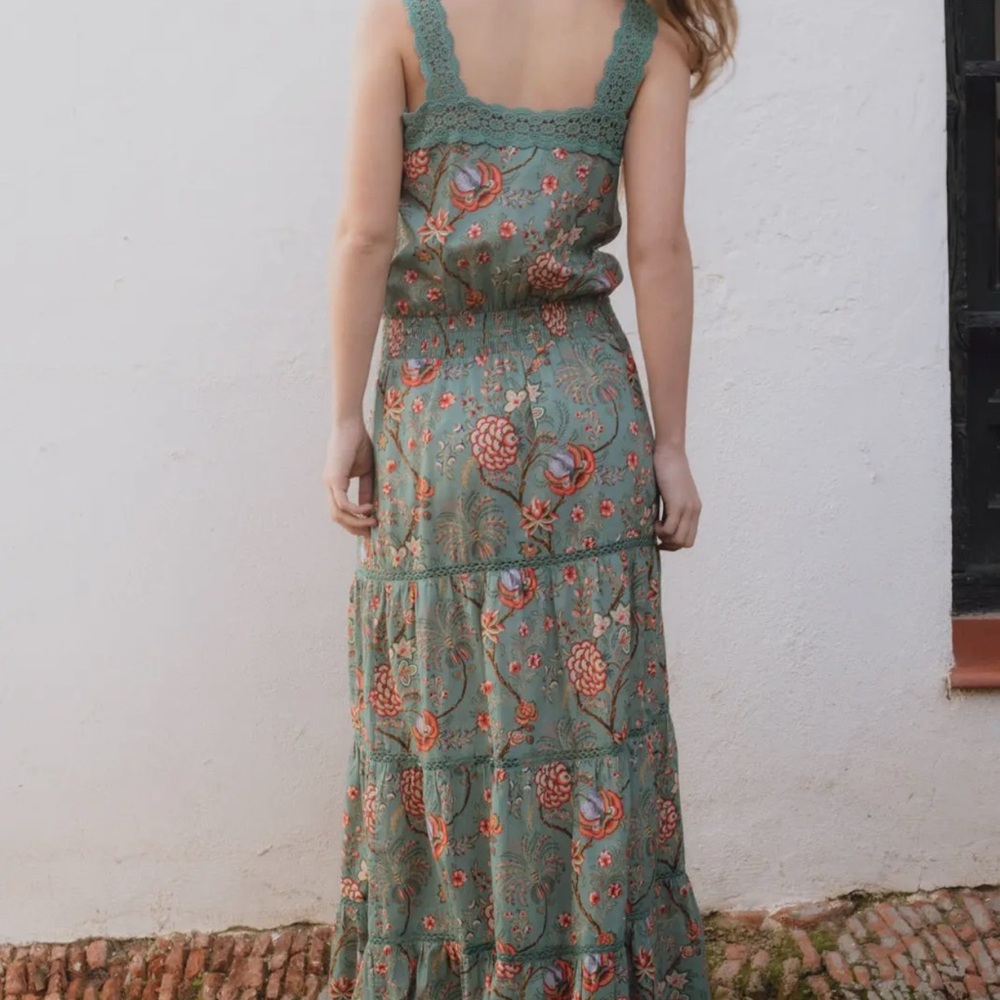 Sonmer cotton block print Chic Green Floral Maxi Martina Dress New - Picture 2 of 3